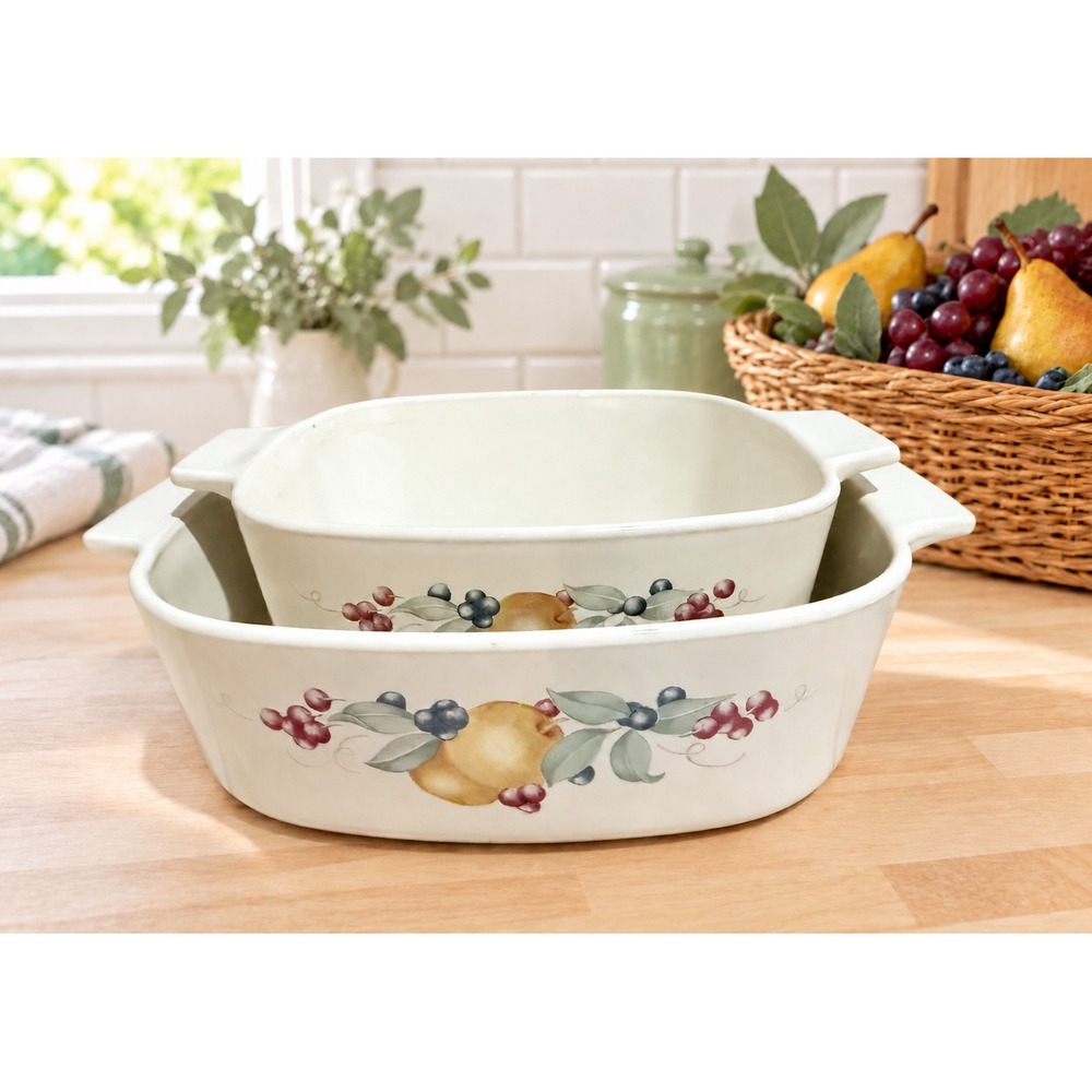 Corningware Abundance Fruit Square Casserole Set Large 8.5" & Small 7" w/ Lid